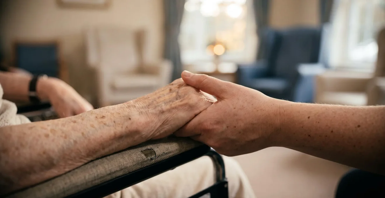 Gros plan sur les mains d'une soignante tenant la main d'une personne âgée assise en fauteuil roulant.